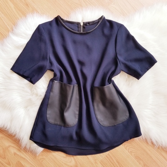 Zara Tops - Zara Navy Blue Top with faux Leather Pockets